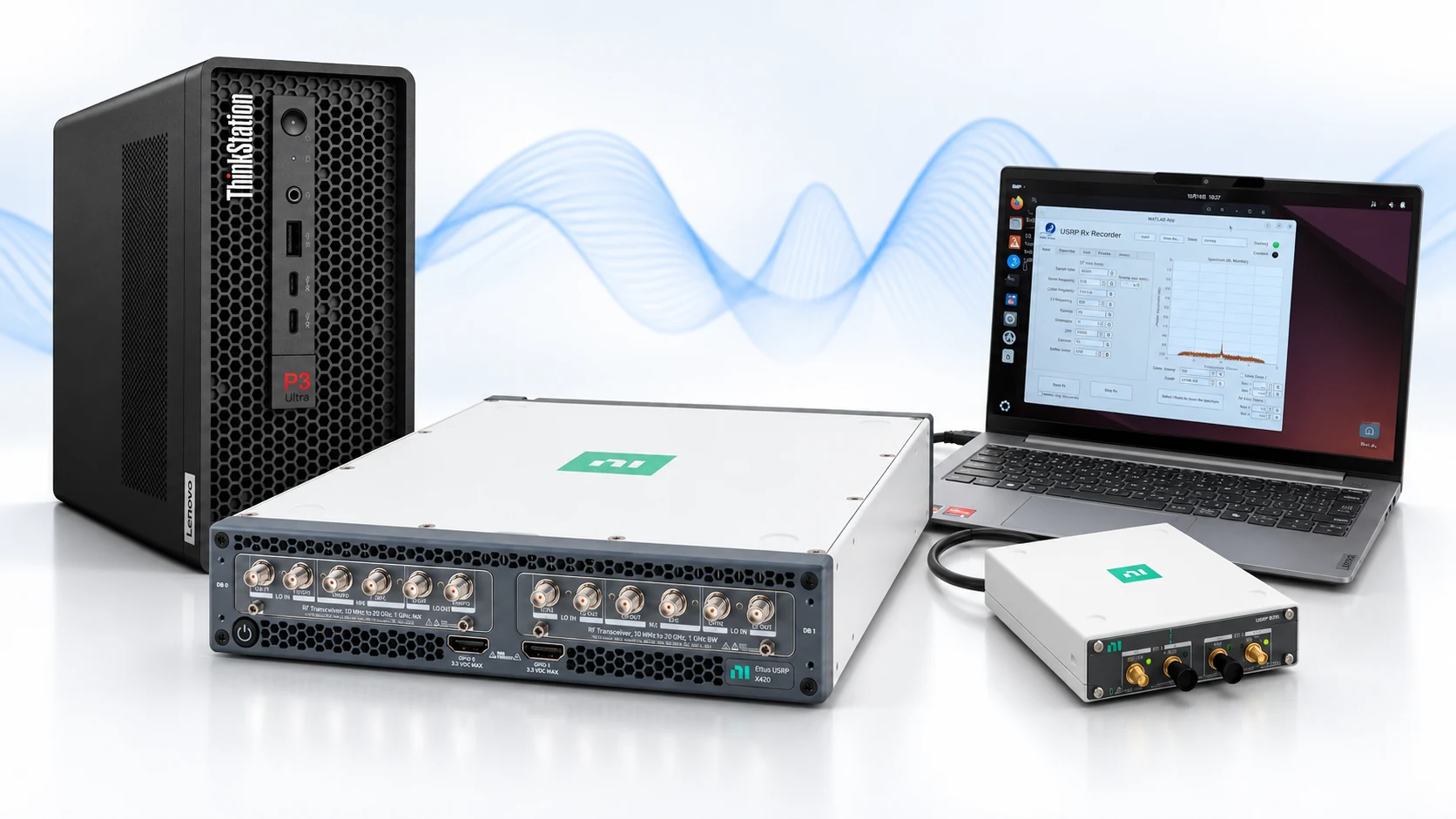 ワークステーション、ノートPCとソフトウェア無線機(USRP)を組み合わせたRF収録再生システムの構成イメージ