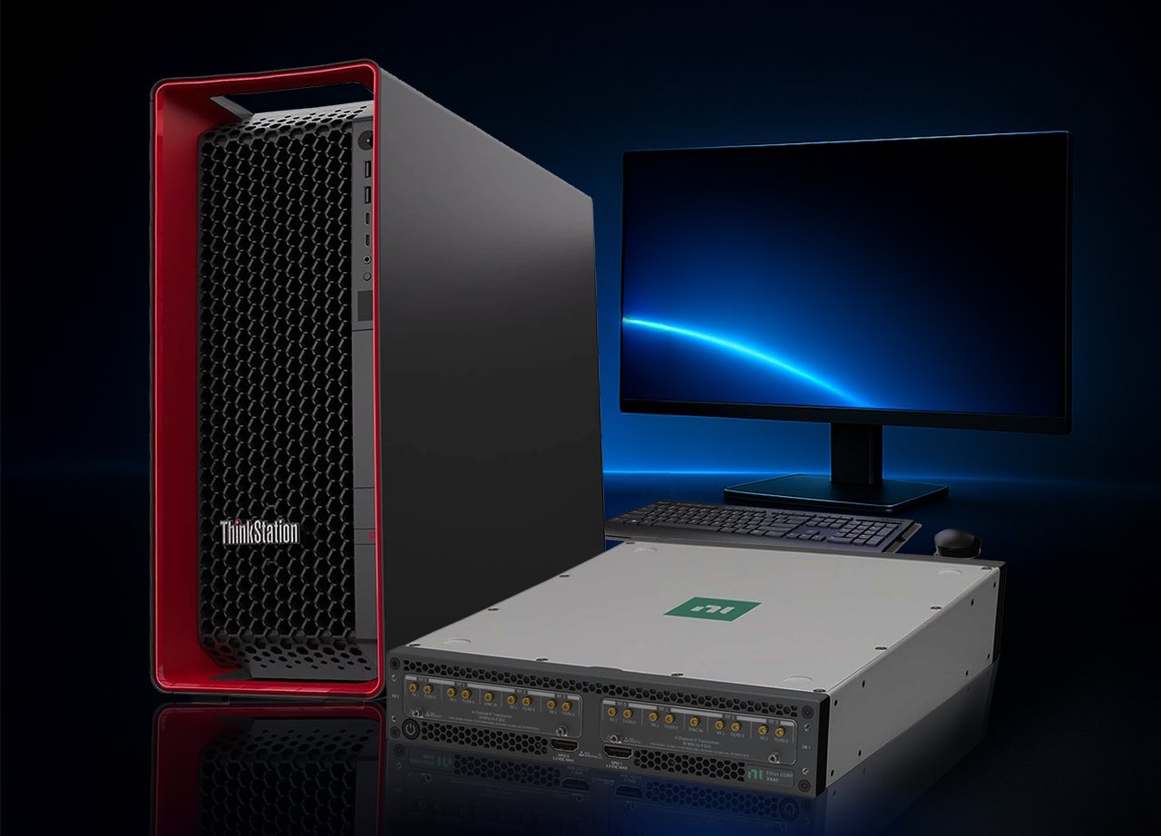 タワー型ワークステーションとUSRP X410、モニターの構成イメージ